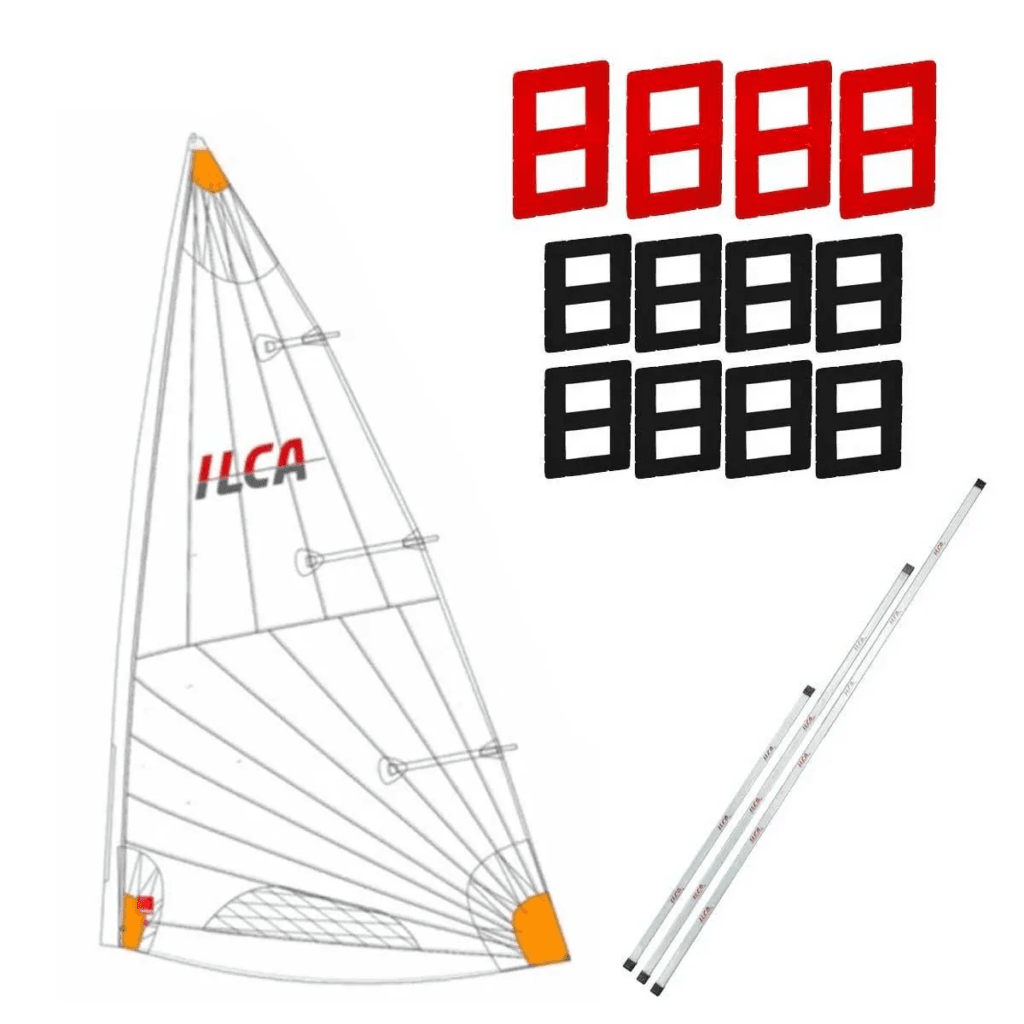 Vela ILCA 4 homologada y legal de color blanco, con refuerzos naranjas en el puño de driza, puño de amura y puño de escota, y el logotipo ILCA en el centro. Números digitales y sables