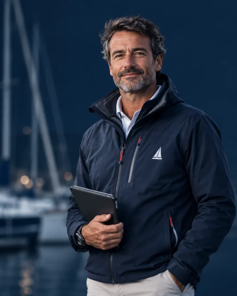Responsable de una escuela de vela con una tableta en el puerto
