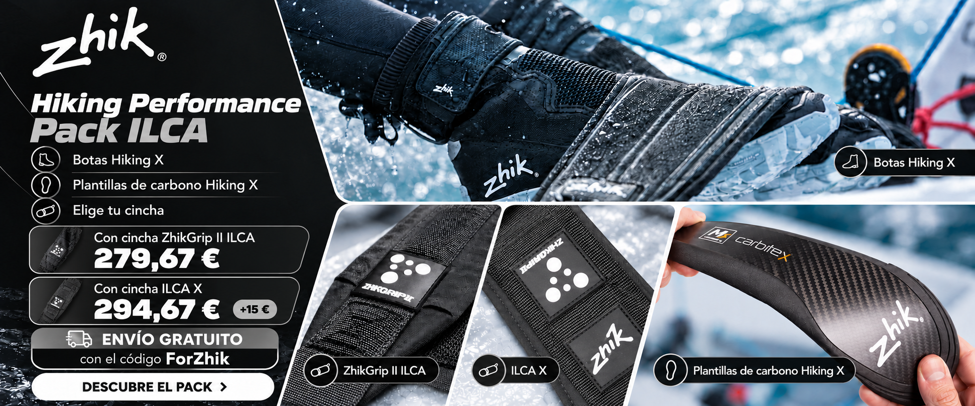 Pack Zhik ILCA con botas Hiking X, plantillas de carbono y cincha ZhikGrip II ILCA o ILCA X a elegir.
