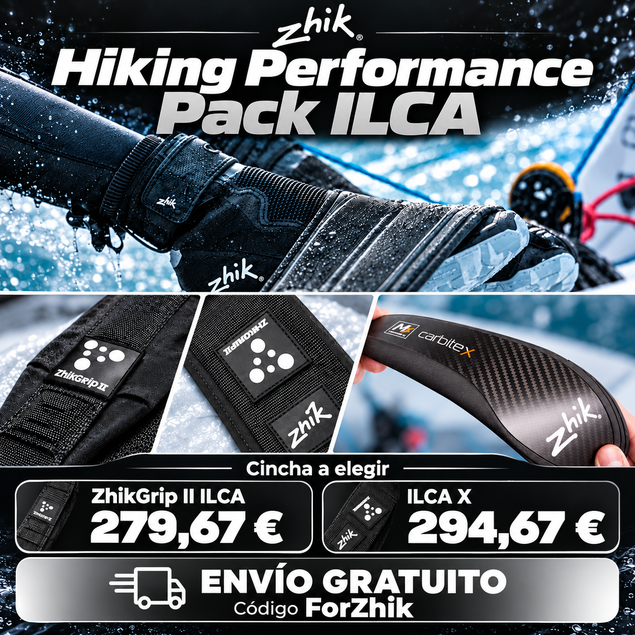 Pack Zhik ILCA con botas Hiking X, plantillas de carbono y cincha ZhikGrip II ILCA o ILCA X a elegir.